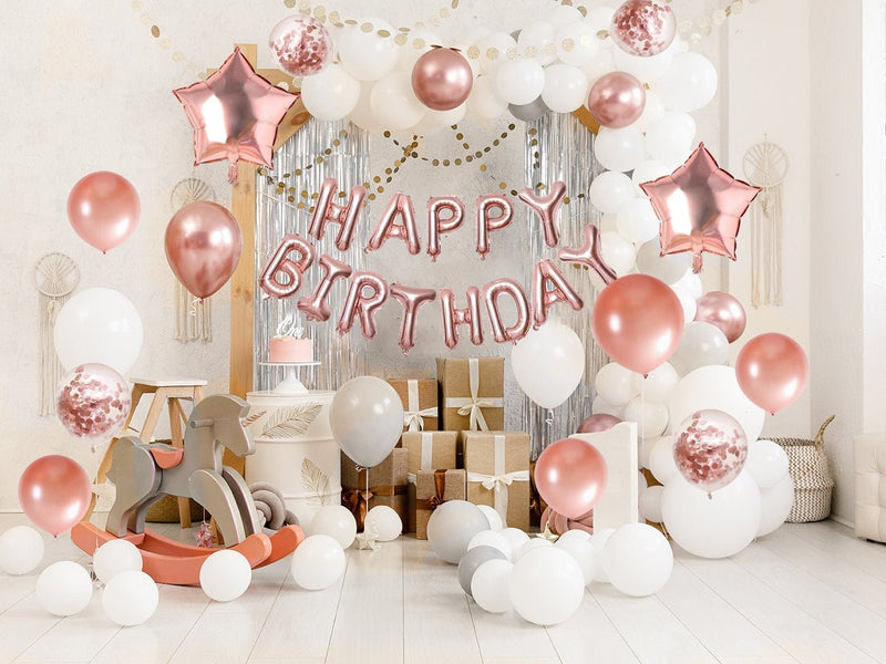 Juego de decoraciones de globos de feliz cumpleaños de oro rosa de 16 pulgadas: pancarta de letras de 13 piezas, lámina de estrella gigante de 2 piezas, confeti de 4 piezas, globos de látex de 6 piezas - SACASUSA