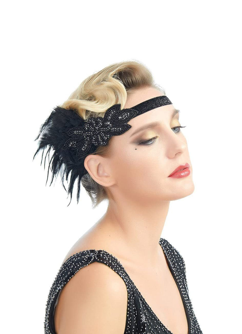 Negro Vintage inspirado El gran Gatsby Rhinestone con cuentas diadema 1920 tocado Flapper negro pluma nupcial boda tocado Art Déco - SACASUSA