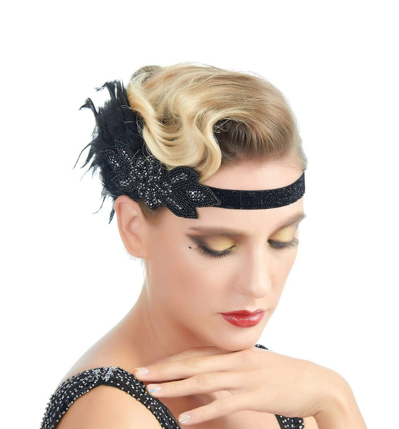 Negro Vintage inspirado El gran Gatsby Rhinestone con cuentas diadema 1920 tocado Flapper negro pluma nupcial boda tocado Art Déco - SACASUSA