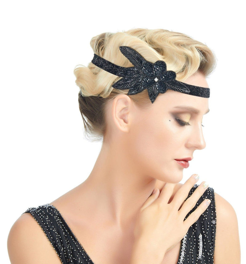 Negro Vintage Inspirado El Gran Gatsby Rhinestone con cuentas Lentejuelas Diadema 1920s Tocado Flapper Nupcial Boda Tocado Accesorio para el cabello - SACASUSA
