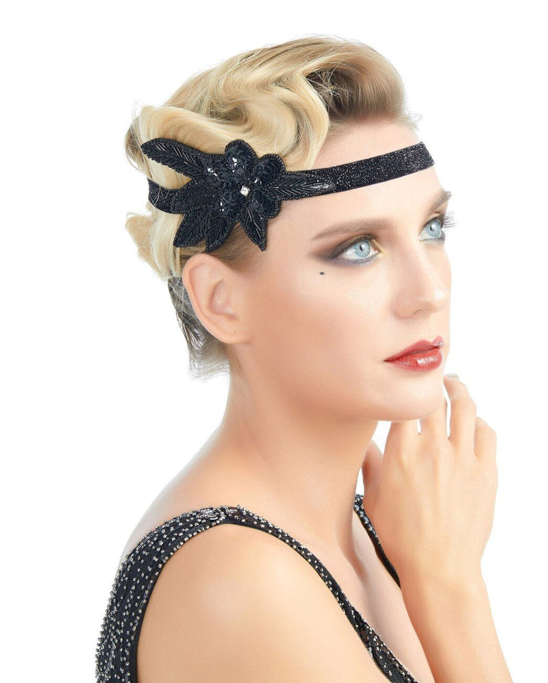 Negro Vintage Inspirado El Gran Gatsby Rhinestone con cuentas Lentejuelas Diadema 1920s Tocado Flapper Nupcial Boda Tocado Accesorio para el cabello - SACASUSA