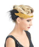 Oro Vintage Inspirado El Gran Gatsby Lentejuelas con cuentas Diadema 1920s Tocado Flapper Pluma Negra Tocado de Boda Nupcial Art Déco - SACASUSA