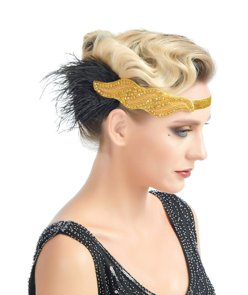 Oro Vintage Inspirado El Gran Gatsby Lentejuelas con cuentas Diadema 1920s Tocado Flapper Pluma Negra Tocado de Boda Nupcial Art Déco - SACASUSA