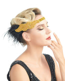 Oro Vintage Inspirado El Gran Gatsby Lentejuelas con cuentas Diadema 1920s Tocado Flapper Pluma Negra Tocado de Boda Nupcial Art Déco - SACASUSA