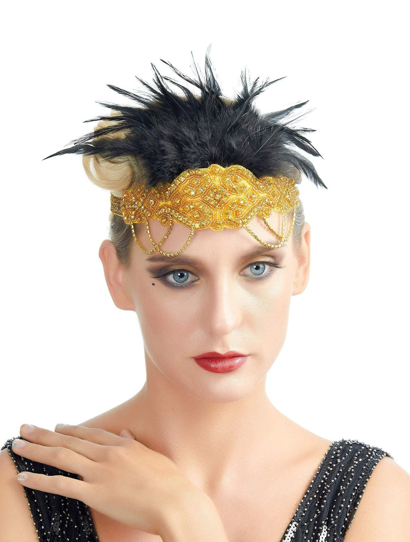 Oro Vintage inspirado El gran Gatsby Rhinestone con cuentas diadema 1920 tocado Flapper negro pluma nupcial tocado de boda Art Déco - SACASUSA