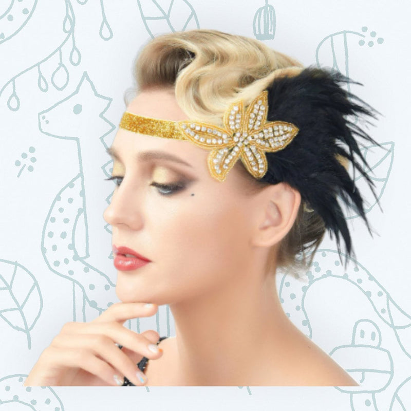 Oro Vintage inspirado El gran Gatsby Rhinestone con cuentas diadema 1920 tocado Flapper negro pluma nupcial tocado de boda Art Déco - SACASUSA