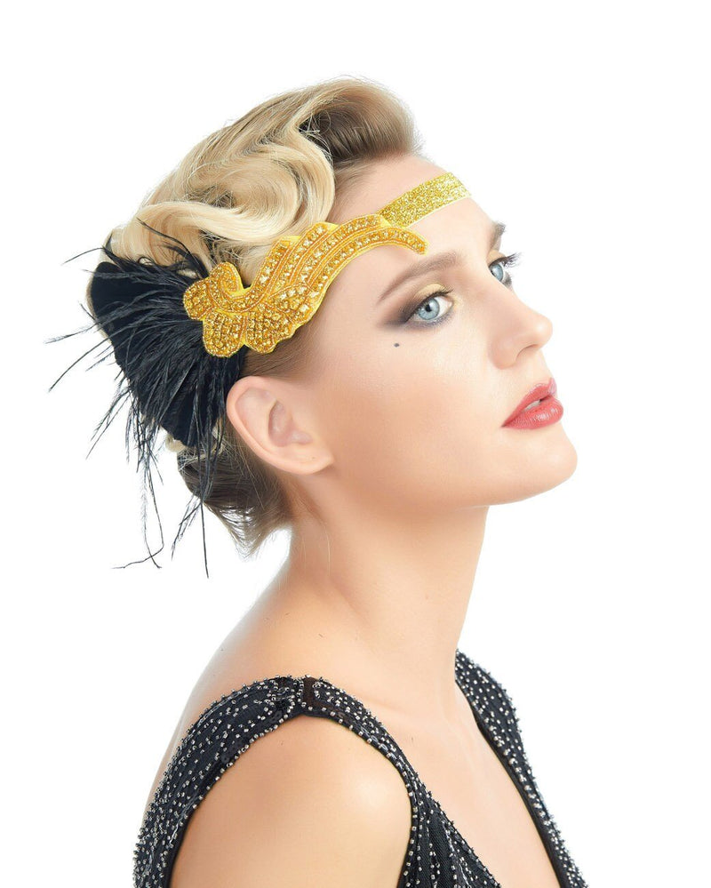 Oro Vintage inspirado El gran Gatsby Rhinestone con cuentas diadema 1920 tocado Flapper negro pluma nupcial tocado de boda Art Déco - SACASUSA