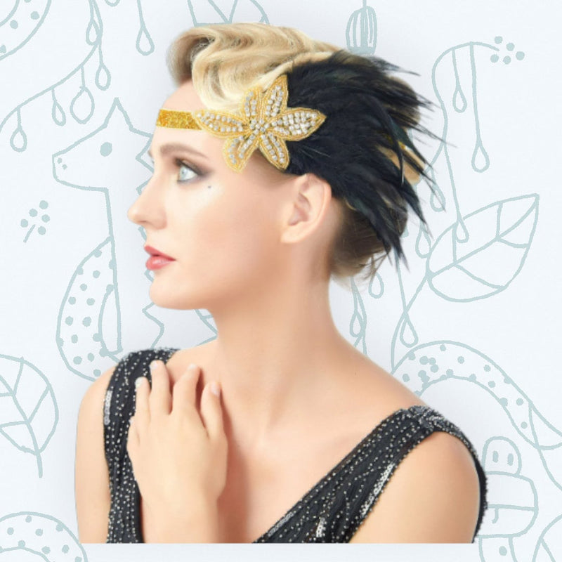 Oro Vintage inspirado El gran Gatsby Rhinestone con cuentas diadema 1920 tocado Flapper negro pluma nupcial tocado de boda Art Déco - SACASUSA