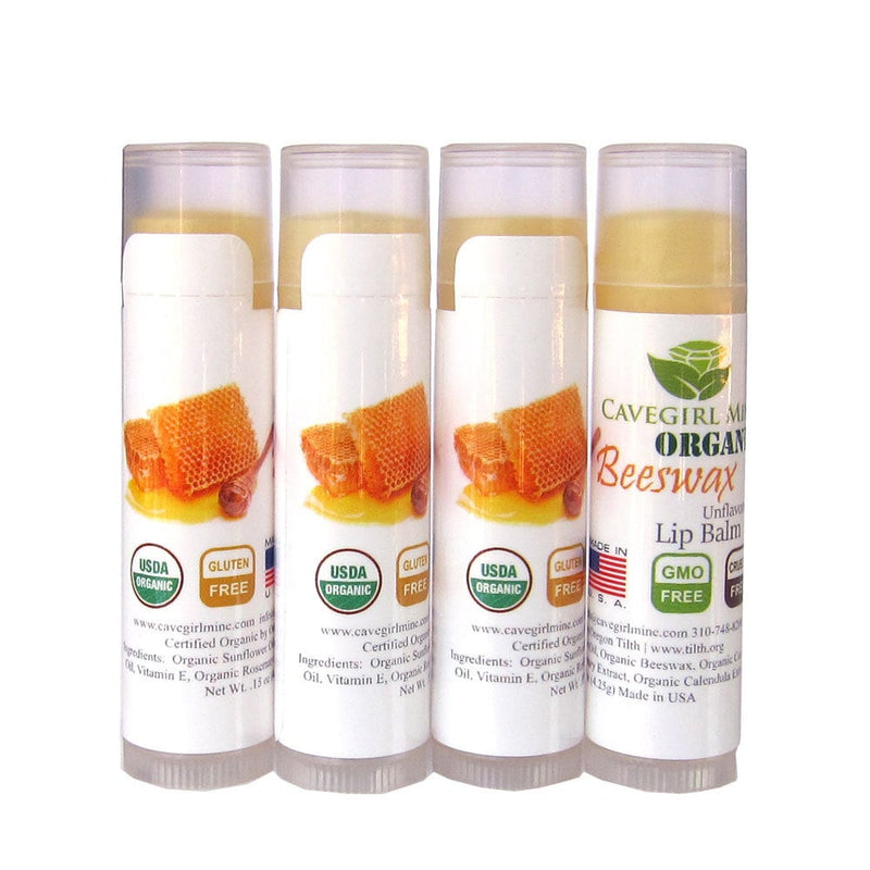 Paquete de 4 bálsamos labiales de cera de abejas orgánicos certificados por USDA. Cavegirl Mine Vegan Sin sabor Sin sabor. Hecho en EE.UU. Libre de parabeno. Reparar labios secos y agrietados - SACASUSA