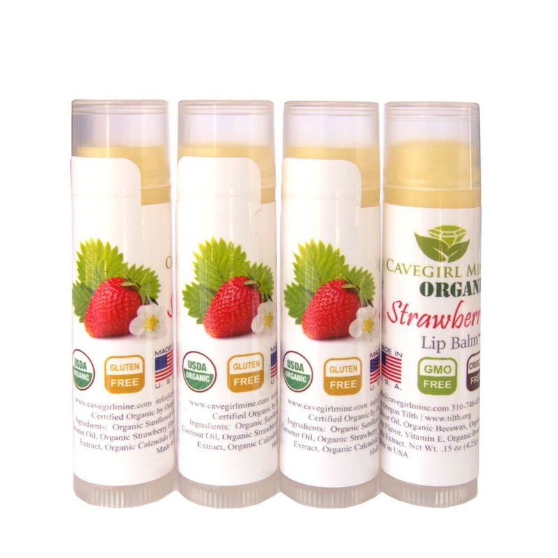Paquete de 4 bálsamos labiales orgánicos certificados por USDA. Cavegirl Mine Sabor Fresa Orgánico Vegano. Hecho en EE.UU. Libre de parabeno. Reparar labios secos y agrietados - SACASUSA