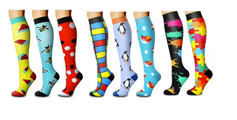 Paquete de 8 piezas Calcetines de compresión premium SM Mujeres Enfermeras Médicos Trabajadores Regalo Corazones Arco iris Gato Color negro Búho de Halloween Rayas de flamenco rosa - SACASUSA