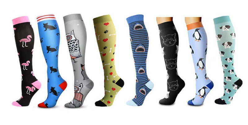 Paquete de 8 piezas Calcetines de compresión premium SM Mujeres Enfermeras Médicos Trabajadores Regalo Corazones Arco iris Gato Color negro Búho de Halloween Rayas de flamenco rosa - SACASUSA