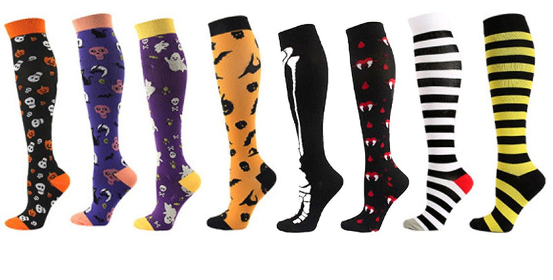 Paquete de 8 piezas Calcetines de compresión premium SM Mujeres Enfermeras Médicos Trabajadores Regalo Corazones Arco iris Gato Color negro Búho de Halloween Rayas de flamenco rosa - SACASUSA