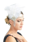 Plata blanco Vintage inspirado El gran Gatsby Rhinestone con cuentas diadema 1920 tocado Flapper negro pluma tocado nupcial rugiente - SACASUSA