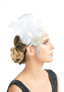 Plata blanco Vintage inspirado El gran Gatsby Rhinestone con cuentas diadema 1920 tocado Flapper negro pluma tocado nupcial rugiente - SACASUSA