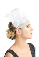 Plata blanco Vintage inspirado El gran Gatsby Rhinestone con cuentas diadema 1920 tocado Flapper negro pluma tocado nupcial rugiente - SACASUSA