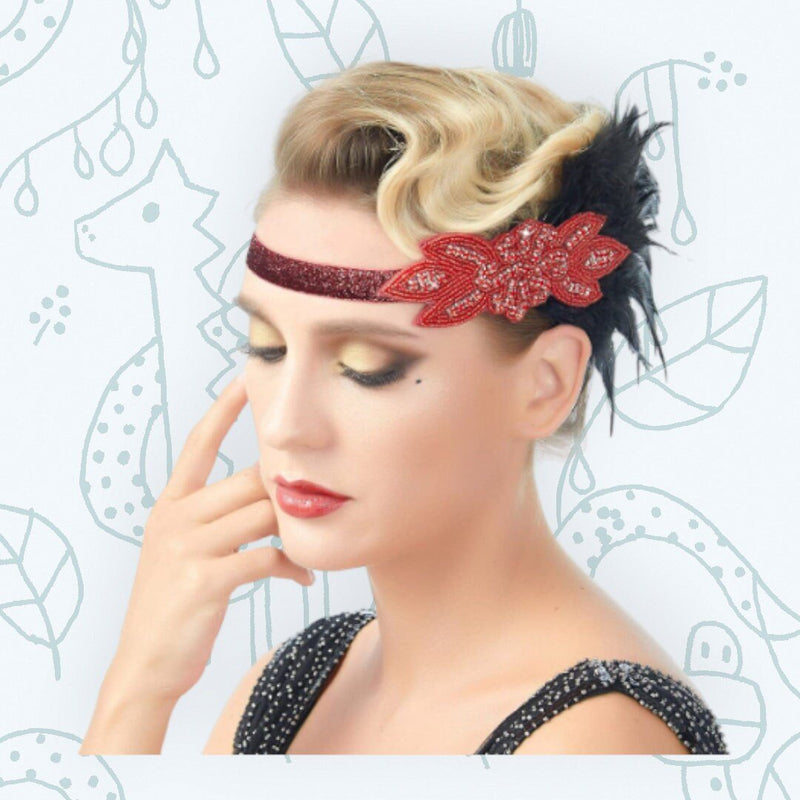 Rojo Vintage inspirado El gran Gatsby Rhinestone con cuentas diadema 1920 tocado Flapper negro pluma nupcial tocado de boda Art Déco - SACASUSA