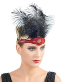 Rojo Vintage Pluma El Gran Gatsby Rhinestone con cuentas Diadema 1920 tocado Flapper Negro Pluma Nupcial Tocado de Boda Art Déco - SACASUSA