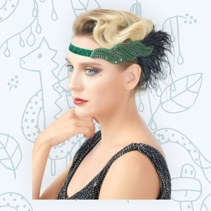 Verde Vintage Inspirado El Gran Gatsby Lentejuelas con cuentas Diadema 1920s Tocado Flapper Pluma Negra Tocado de Boda Nupcial Art Déco - SACASUSA