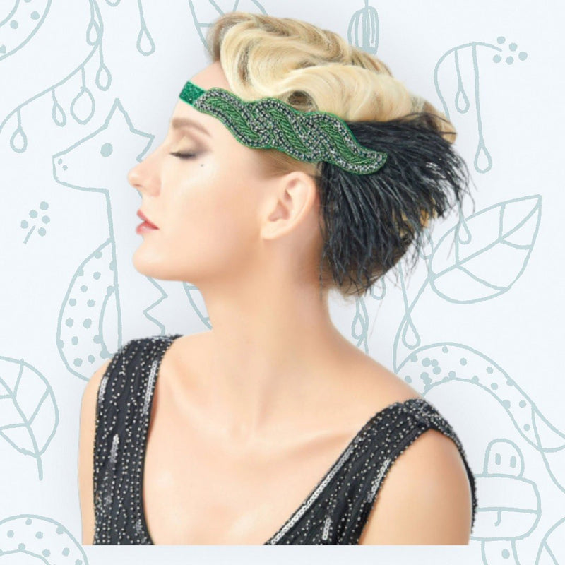 Verde Vintage Inspirado El Gran Gatsby Lentejuelas con cuentas Diadema 1920s Tocado Flapper Pluma Negra Tocado de Boda Nupcial Art Déco - SACASUSA