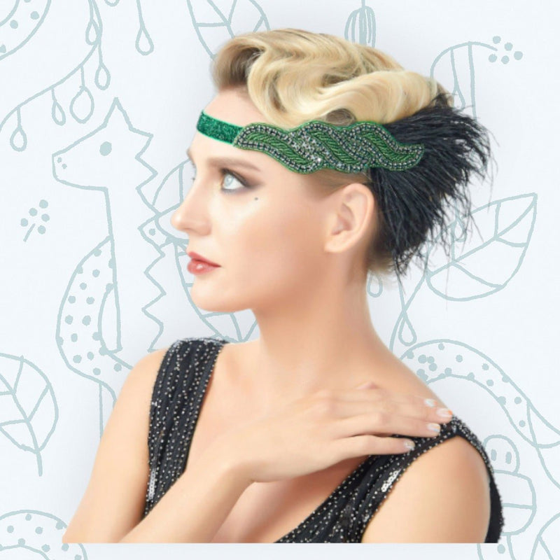 Verde Vintage Inspirado El Gran Gatsby Lentejuelas con cuentas Diadema 1920s Tocado Flapper Pluma Negra Tocado de Boda Nupcial Art Déco - SACASUSA