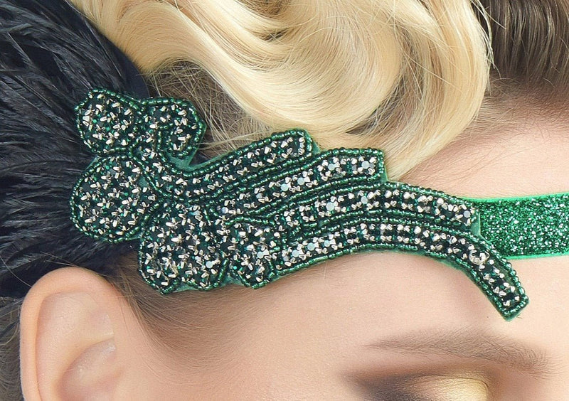 Verde Vintage inspirado El gran Gatsby Rhinestone con cuentas diadema 1920 tocado Flapper negro pluma novia tocado de boda Art Déco - SACASUSA