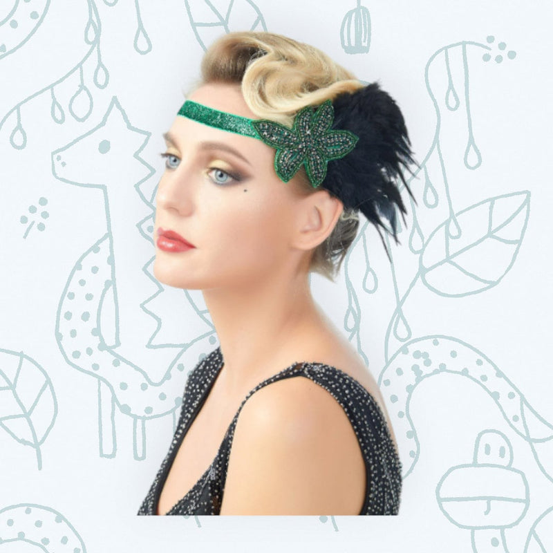 Verde Vintage inspirado El gran Gatsby Rhinestone con cuentas diadema 1920 tocado Flapper negro pluma novia tocado de boda Art Déco - SACASUSA
