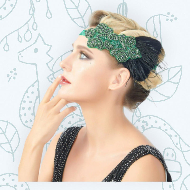 Verde Vintage inspirado El gran Gatsby Rhinestone con cuentas diadema 1920 tocado Flapper negro pluma novia tocado de boda Art Déco - SACASUSA