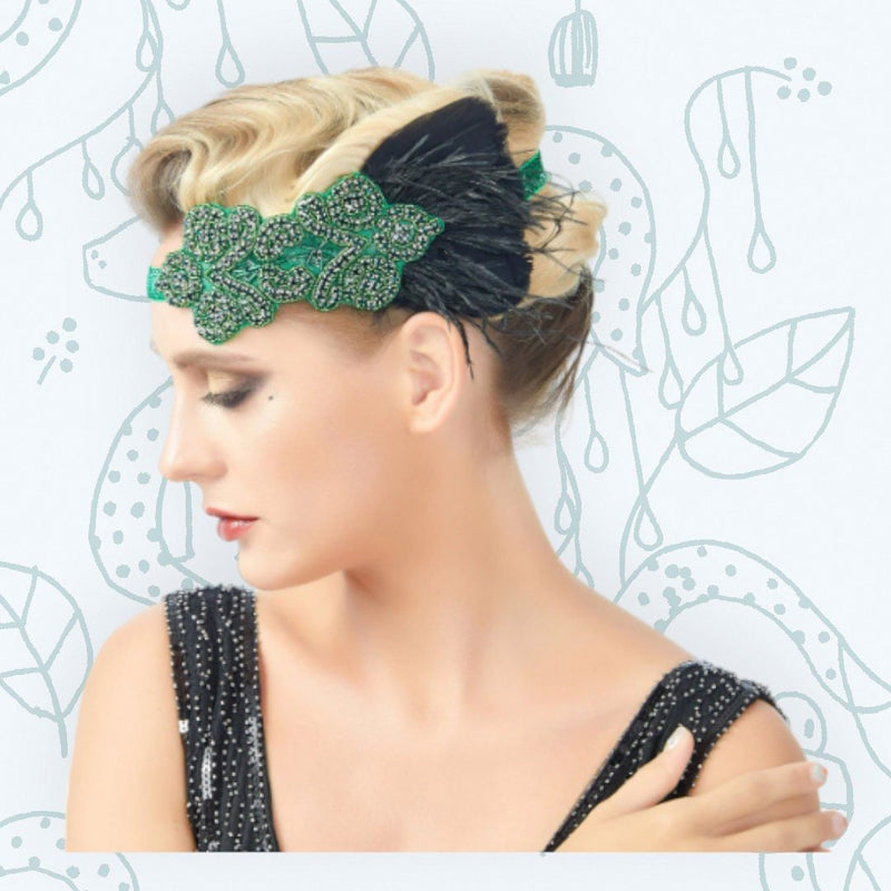 Verde Vintage inspirado El gran Gatsby Rhinestone con cuentas diadema 1920 tocado Flapper negro pluma novia tocado de boda Art Déco - SACASUSA