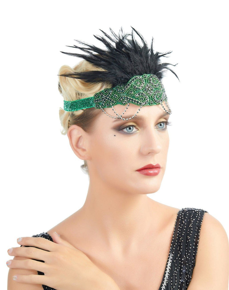 Verde Vintage inspirado El gran Gatsby Rhinestone con cuentas diadema 1920 tocado Flapper negro pluma novia tocado de boda Art Déco - SACASUSA