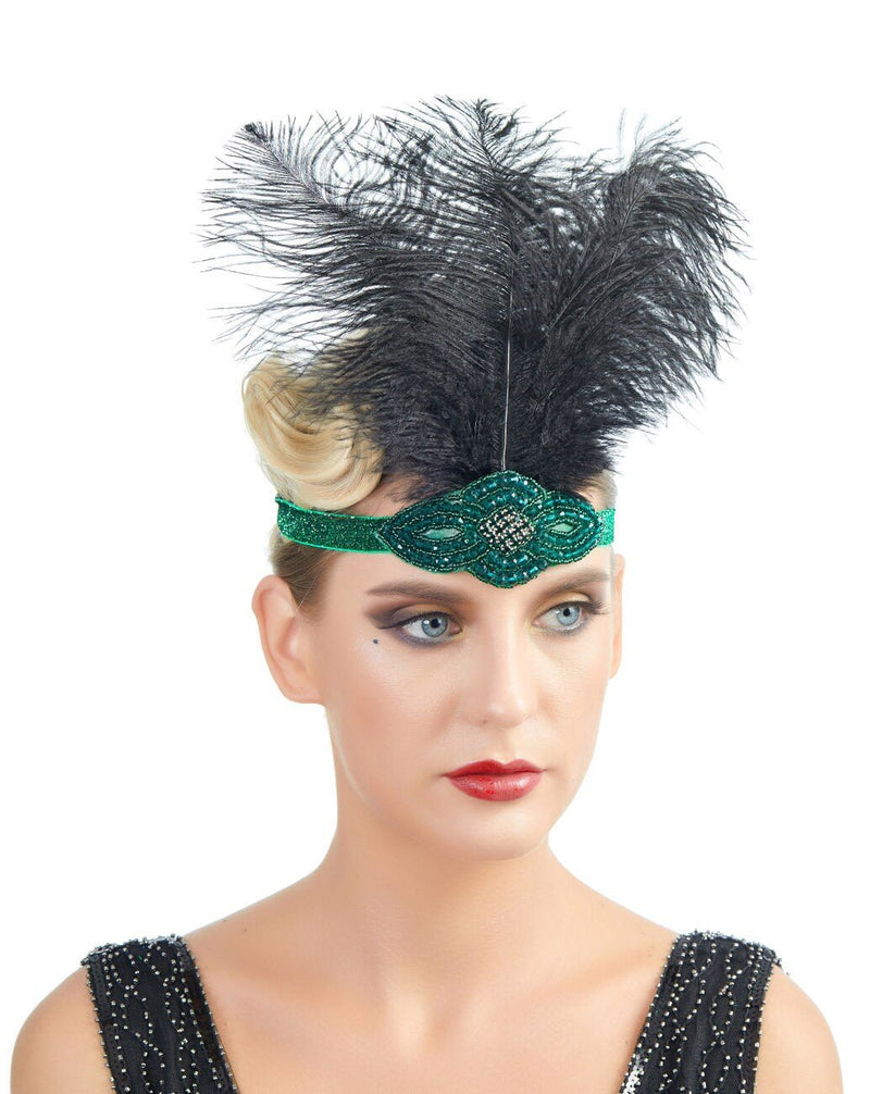Verde Vintage IThe Great Gatsby Rhinestone con cuentas diadema 1920s tocado Flapper negro pluma nupcial tocado de boda Art Déco - SACASUSA