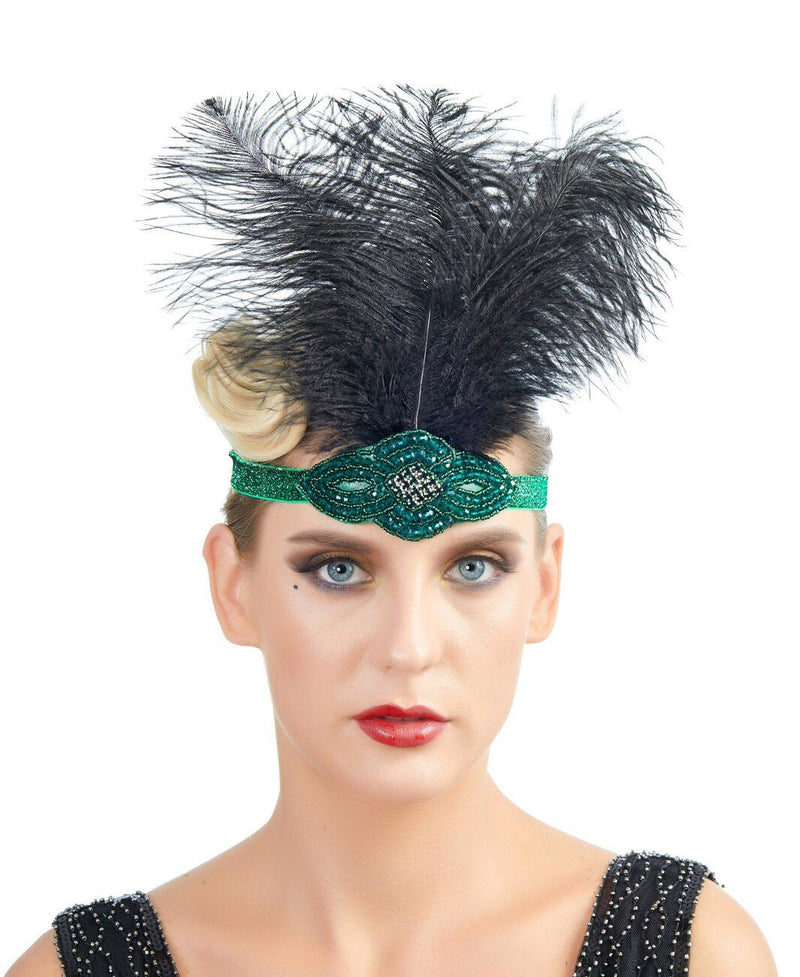 Verde Vintage IThe Great Gatsby Rhinestone con cuentas diadema 1920s tocado Flapper negro pluma nupcial tocado de boda Art Déco - SACASUSA