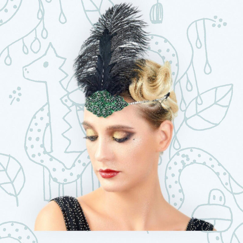 Verde Vintage Pluma El Gran Gatsby Rhinestone con cuentas Diadema 1920 tocado Flapper Pluma Negra Halloween Cosplay Tocado Art Déco - SACASUSA