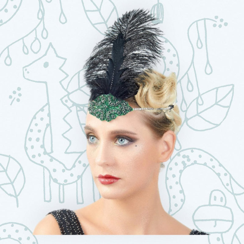 Verde Vintage Pluma El Gran Gatsby Rhinestone con cuentas Diadema 1920 tocado Flapper Pluma Negra Halloween Cosplay Tocado Art Déco - SACASUSA