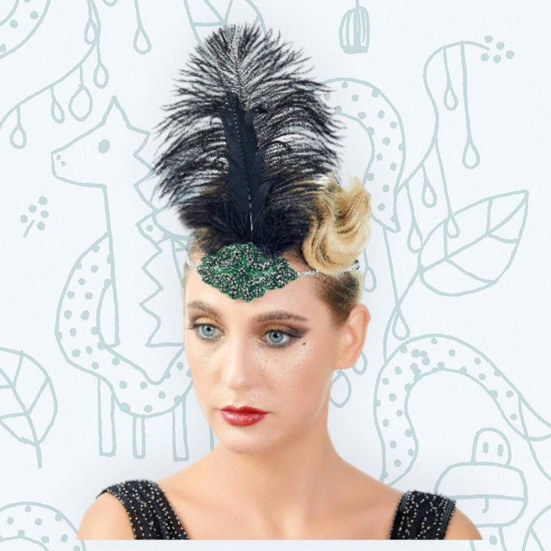 Verde Vintage Pluma El Gran Gatsby Rhinestone con cuentas Diadema 1920 tocado Flapper Pluma Negra Halloween Cosplay Tocado Art Déco - SACASUSA