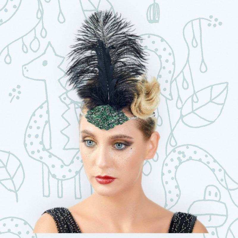 Verde Vintage Pluma El Gran Gatsby Rhinestone con cuentas Diadema 1920 tocado Flapper Pluma Negra Halloween Cosplay Tocado Art Déco - SACASUSA